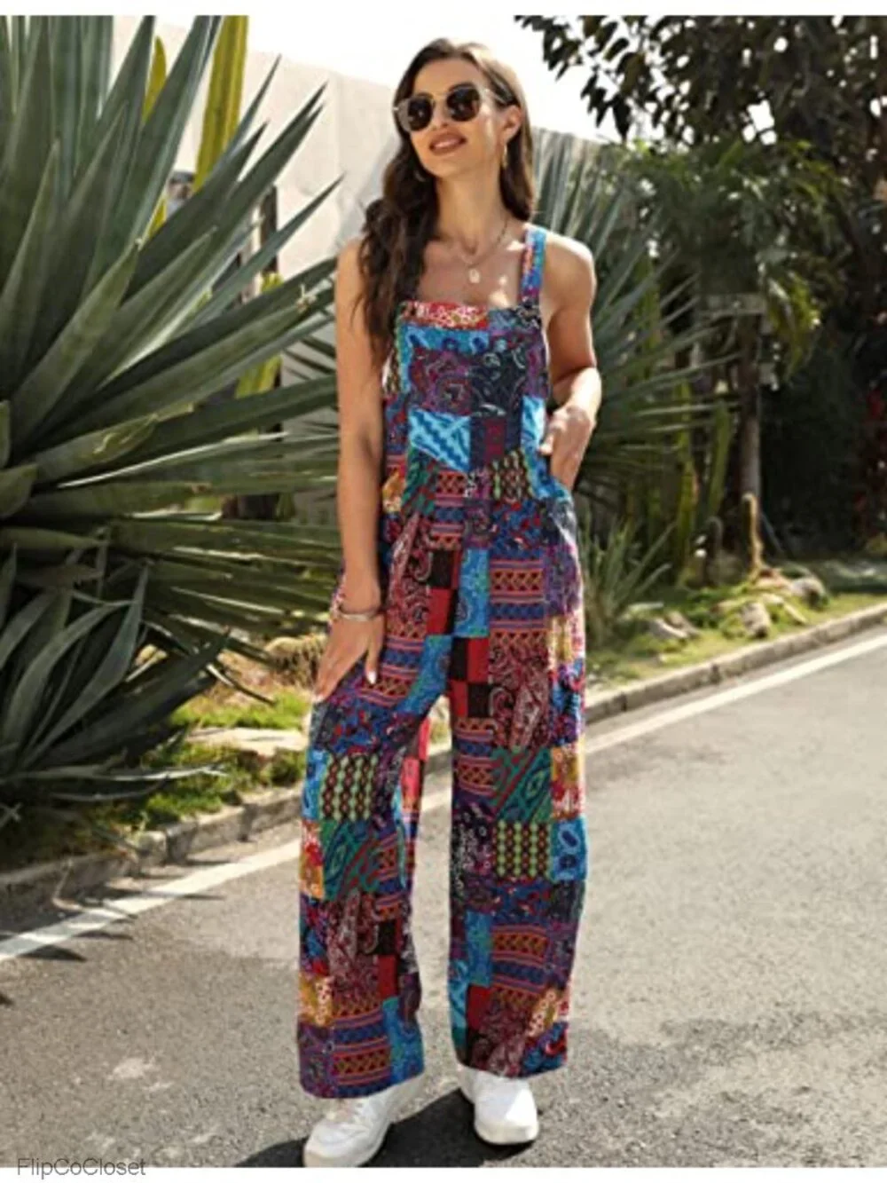 Women's Floral Loose Wide Leg Overalls with Pockets Boho Jumpsuit